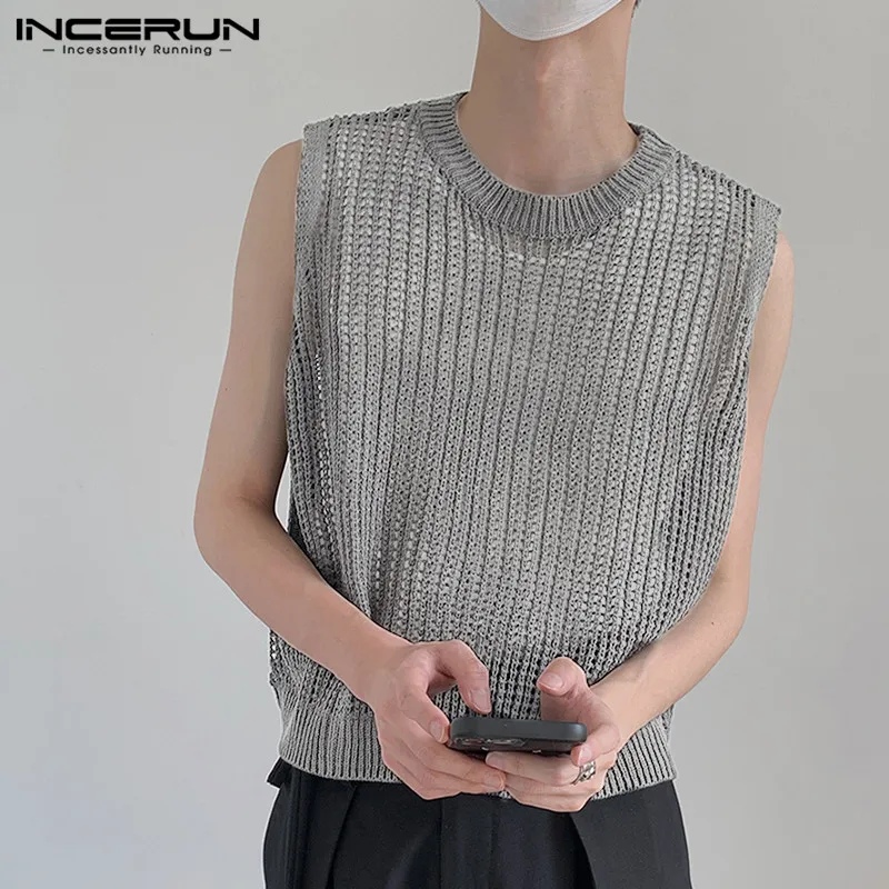 2023 Men Tank Tops Mesh Hollow Out Transparent Solid Color Vests O-neck Sleeveless Streetwear Fashion Men Clothing S-5XL INCERUN 1