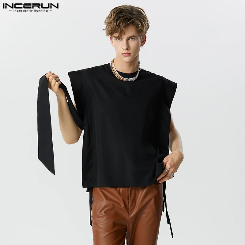 INCERUN Men Tank Tops Solid Color O-neck Sleeveless Lace Up Fashion Vests Hollow Out Streetwear 2023 Casual Men Clothing S-5XL 1