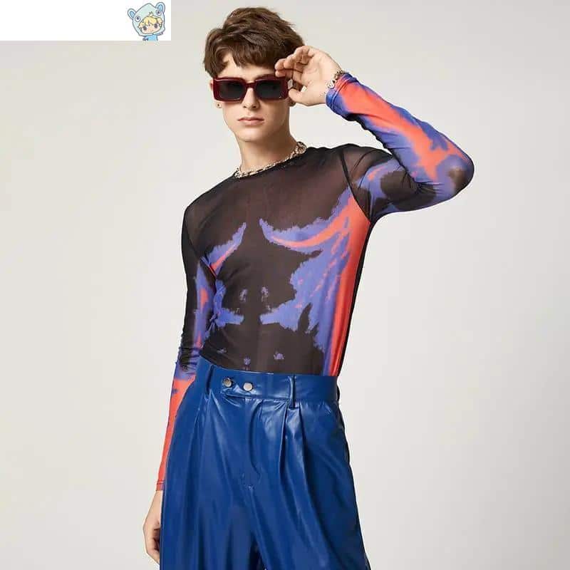 Mesh Langarm T-Shirt mit O-Neck Bedruckung 21 1079304127