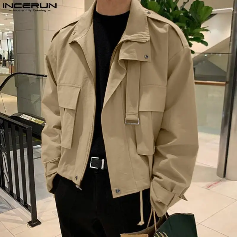 2023 Men Jackets Solid Color Lapel Long Sleeve Pockets Zipper Fashion Male Cargo Coats Streetwear Casual Outerwear S-5XL INCERUN 1