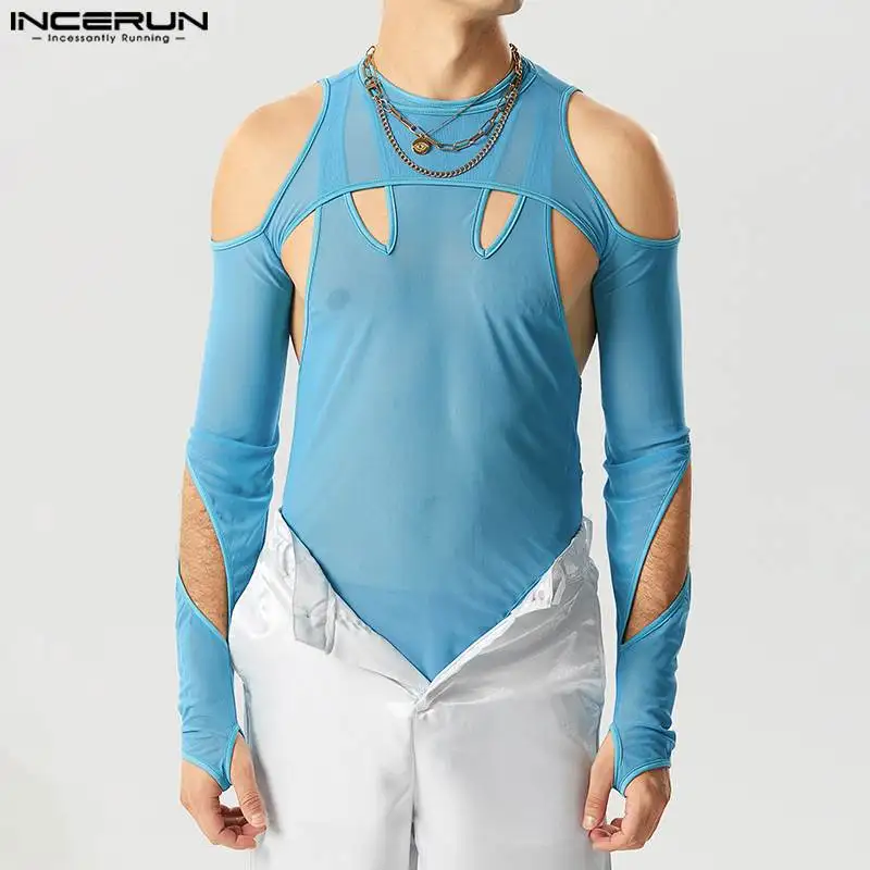 2023 Men Bodysuits Mesh Transparent Hollow Out O-neck Long Sleeve Male T Shirts Rompers Sexy Streetwear Stylish Bodysuit INCERUN 1