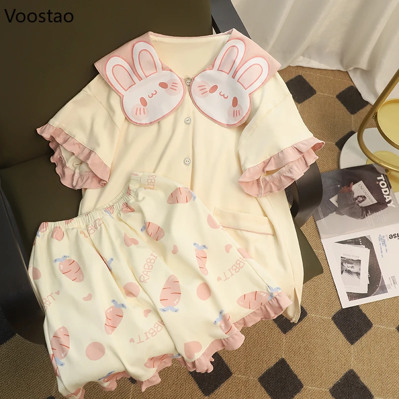 Sweet Lolita Princess Pajamas 2 Piece Sets Summer Women Cute Bunny Short Sleeve Tops Shorts Rabbit Sleepwear Female Chic Pyjamas 1