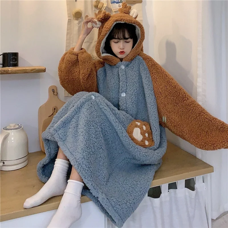 Autumn Winter Women Cute Hooded Sleepwear Warm Home Clothes Girly Sweet Cartoon Bear Lounge Pyjamas Home Wear Princess Pajamas 1