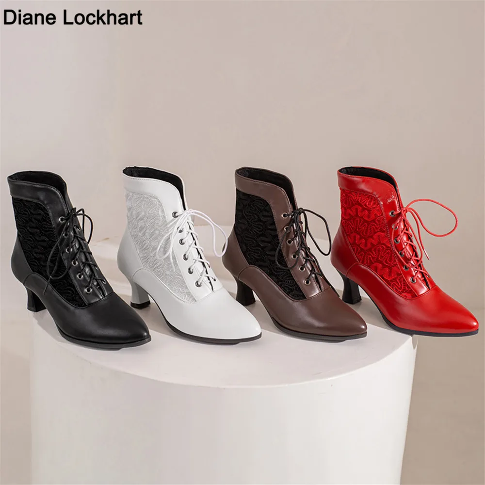 Women Victorian Pointed Toe Ankle Boots Leather Lace Hollow Out Punk Lace Up Strange Steampunk High Heel Shoes Plus Size 32-46 1