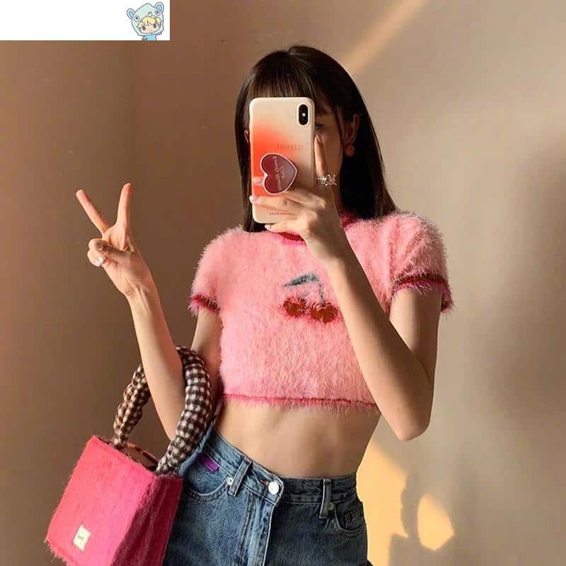 Plüsch Kirschenmuster T-Shirt Pink Crop Top O-Neck Pullover Top 3 1174847492