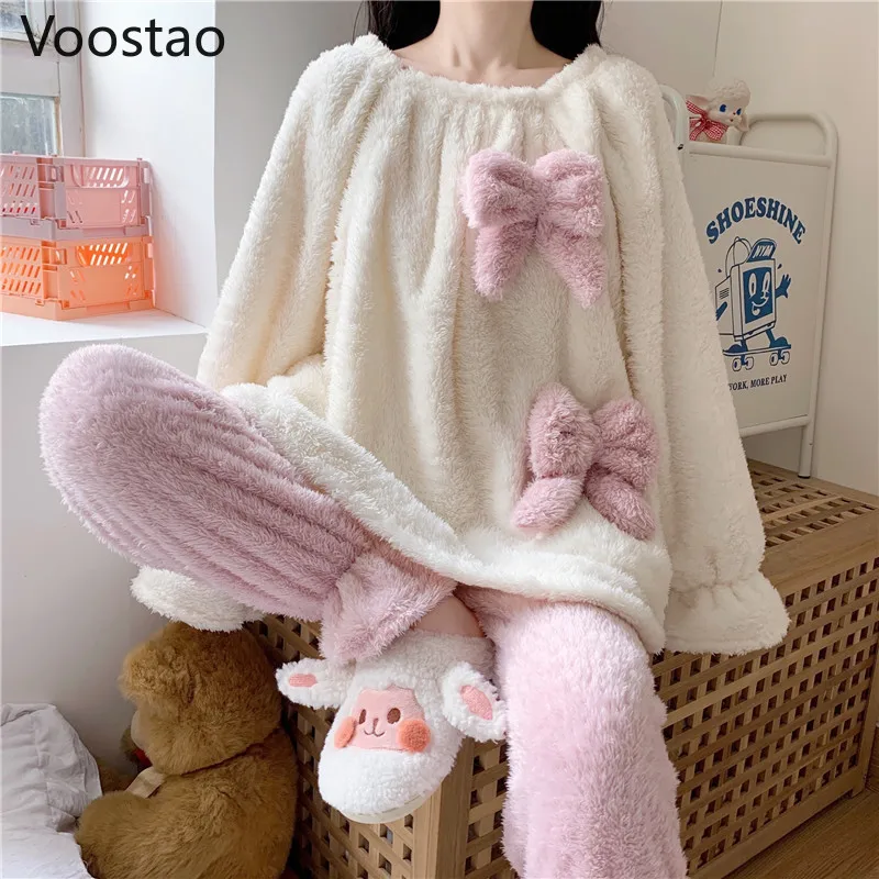 Autumn Winter Women Sweet Lolita Coral Fleece Pajamas Sets Cute Bow Warm Homewear Sleepwear Girls Kawaii Lounge Pyjamas 2PC Set 1