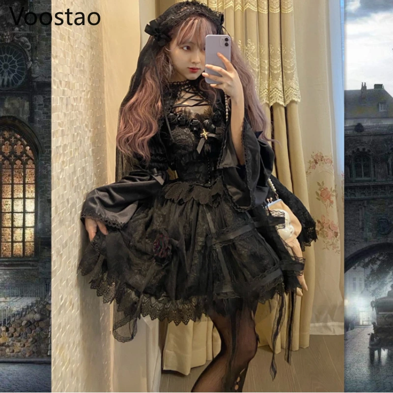 Vintage Gothic Lolita Dress Victorian Harajuku Women Elegant Rose Lace Ruffles Party Dresses Cosplay Girly Sexy Y2K Slip Dress 1