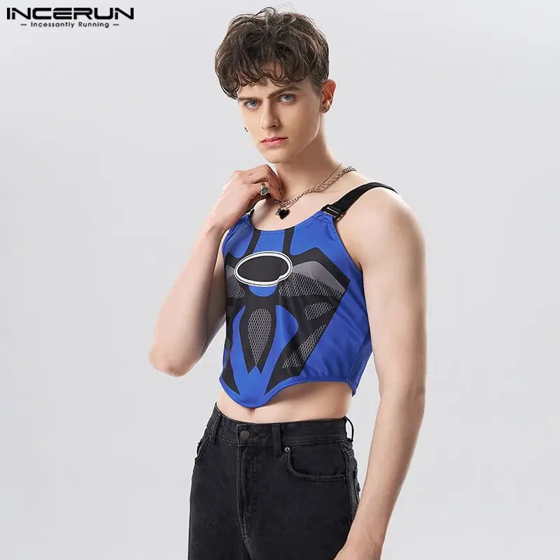 Men Tank Tops Print Patchwork O-neck Sleeveless Streetwear Sexy Crop Tops 2023 Skinny Summer Party Fashion Vests S-5XL INCERUN 1