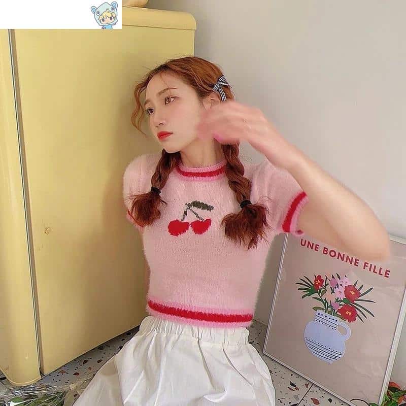 Plüsch Kirschenmuster T-Shirt Pink Crop Top O-Neck Pullover Top 6 1282499778