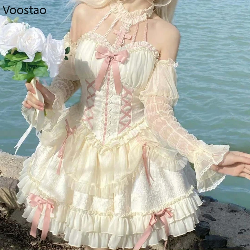 Gothic Lolita Princess Dress Women Sweet Bowknot Cross Lace Ruffles Evening Party Dresses Japanese Harajuku Y2k Bandage Vestidos 1