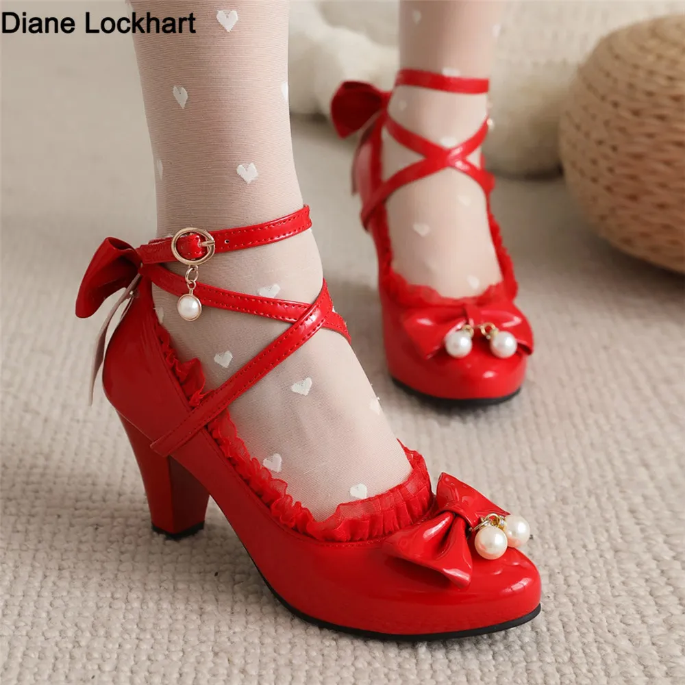Spring Women High Heels Cross Strap Mary Jane Pumps Party Wedding Cosplay White Red Black String Bead Bow Princess Lolita Shoes 1