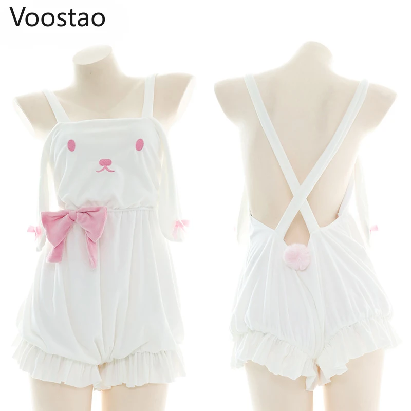 Sweet Plush Long Ear Bunny Jumpsuits Japanese Lolita Cosplay Party Cute Rabbit Bowknot Shorts Girl Sexy White Pajamas Home Wear 1