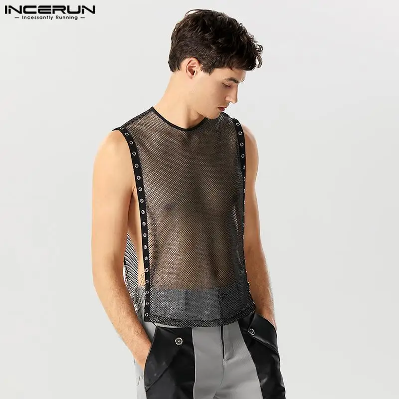 INCERUN 2023 Men Tank Tops Mesh Patchwork Transparent O-neck Sleeveless Vests Sexy Streetwear Fashion Party Men Clothing S-5XL 1