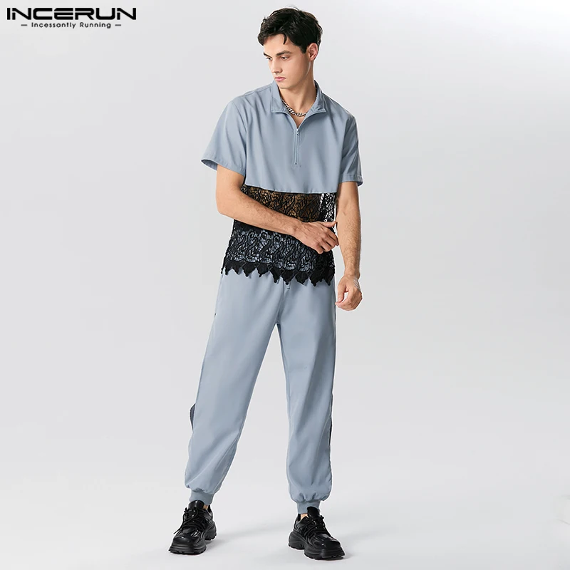 2024 Men Sets Lace Patchwork Transparent Lapel Short Sleeve Shirt & Pants 2PCS Streetwear Loose Fashion Men Casual Suits INCERUN 1