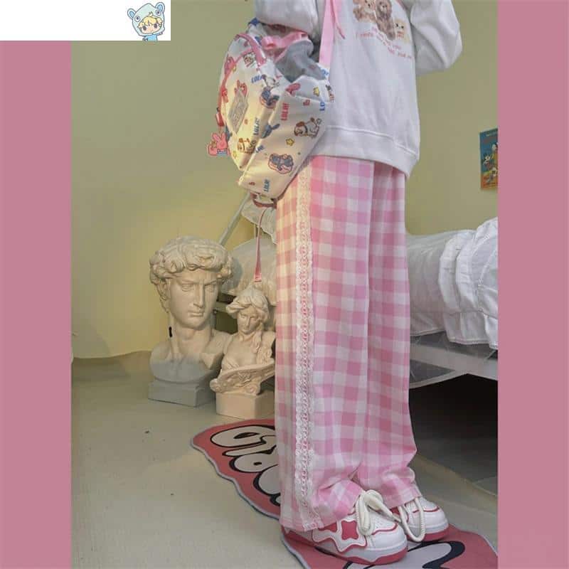 Rosa karierte High-Waist-Hose mit süßer Spitze und weitem Beinschnitt 1 1462886539