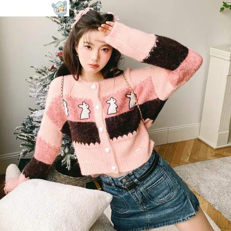 Kawaii Bunny Strickjacke - Gestreifter Lose Pullover 19 1501680248
