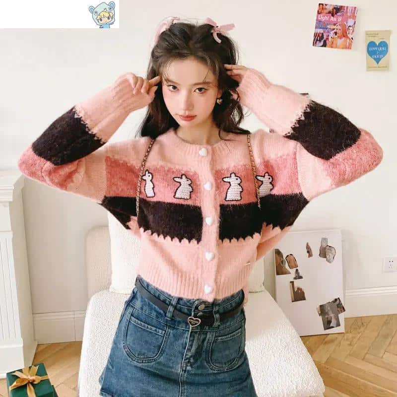 Kawaii Bunny Strickjacke - Gestreifter Lose Pullover 2 1514697092
