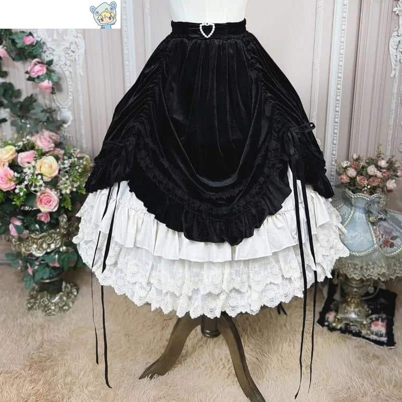 Vintage viktorianischer Lolita Samtrock mit eleganter Spitze - Abendrock - Midi-Rock für Herbst und Winter 5 1578261618