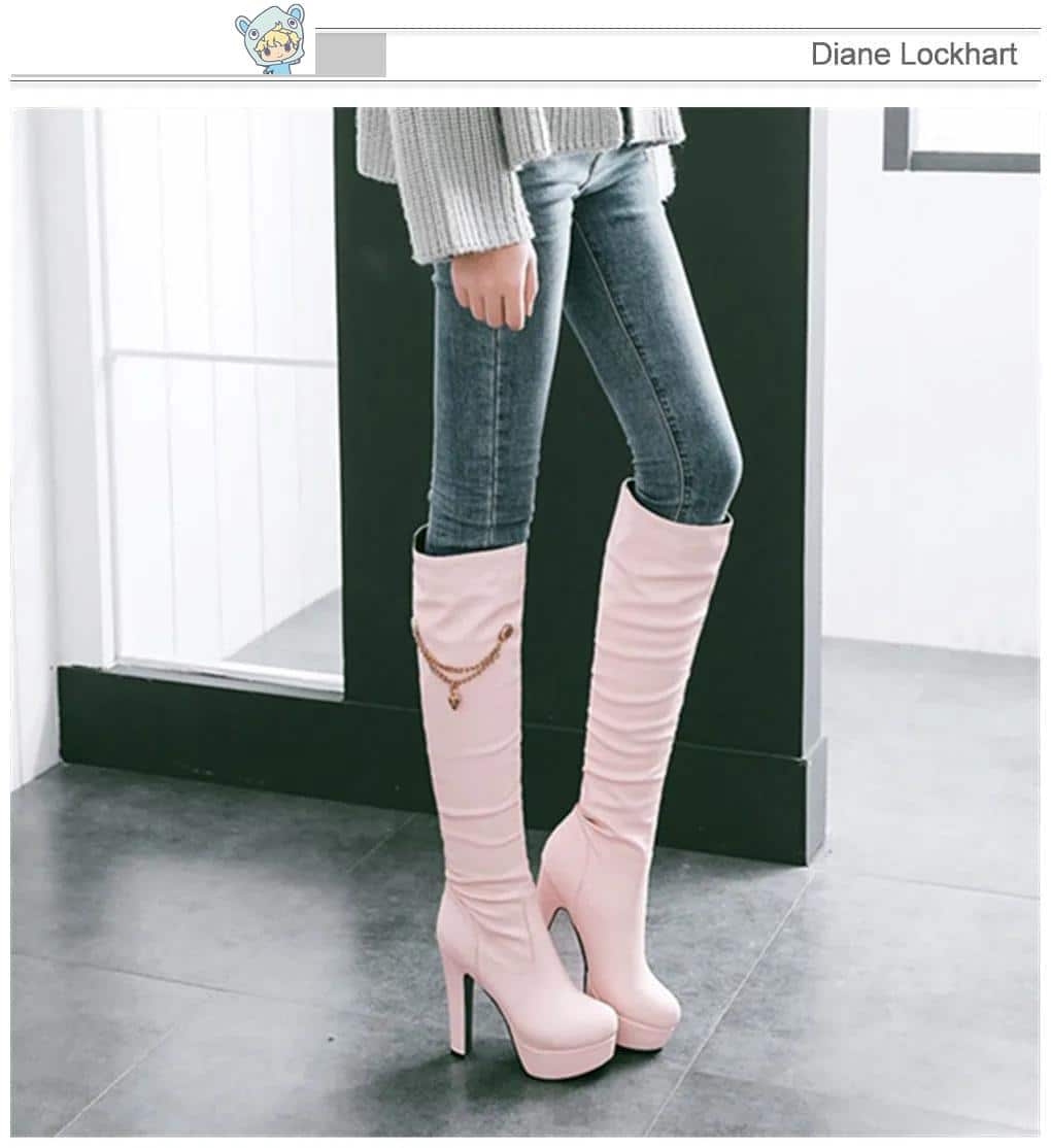 Herbst Winter Kniehohe Stiefel Schwarz Weiß Rosa Stiletto Absatz Platform Stiefeletten Chain Boots 21 1581025016