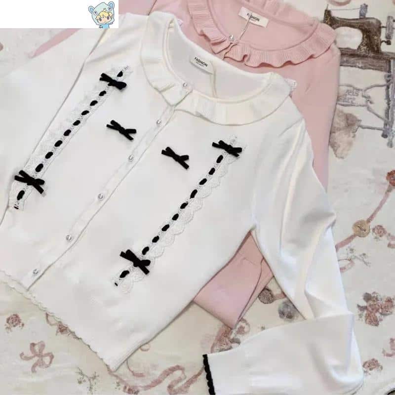 Japanischer Kawaii Pink Lolita Strickjacke mit Rüschen und Spitzenbogen 4 1624817875