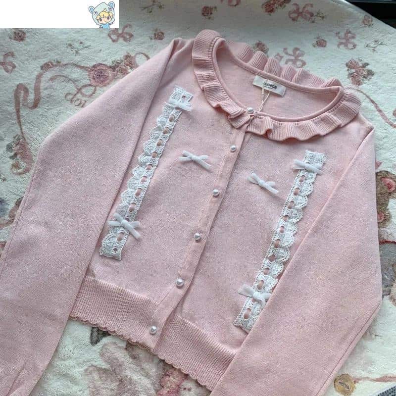 Japanischer Kawaii Pink Lolita Strickjacke mit Rüschen und Spitzenbogen 5 1640598036