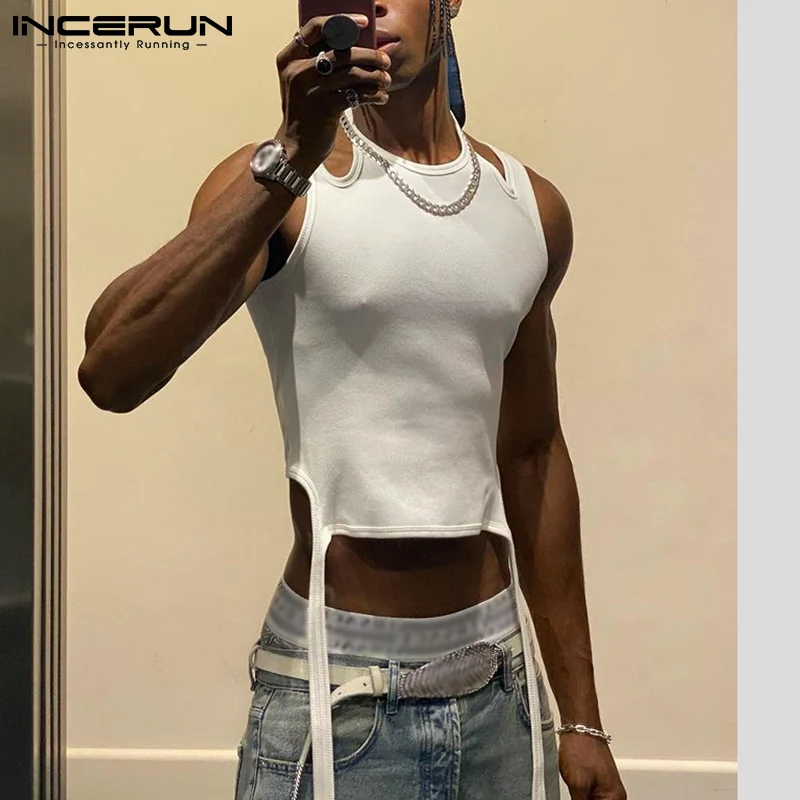 Fashion Men Tank Tops Solid Color Sleeveless Streetwear Sexy Hollow Out Casual Vests 2023 Irregular Waistcoats Men S-5XL INCERUN 1