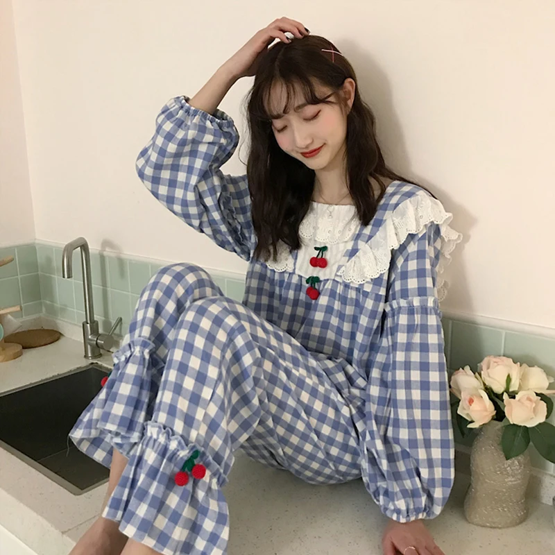 Sweet Lolita Style Square Collar Plaid Pajamas Suits Princess Cute Cotton Sleepwear Autumn Women Loose 2Piece/Set Home Clothes 1