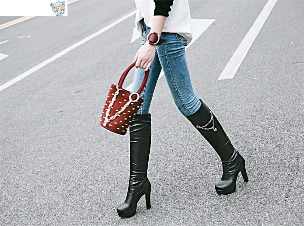 Herbst Winter Kniehohe Stiefel Schwarz Weiß Rosa Stiletto Absatz Platform Stiefeletten Chain Boots 28 1684977213