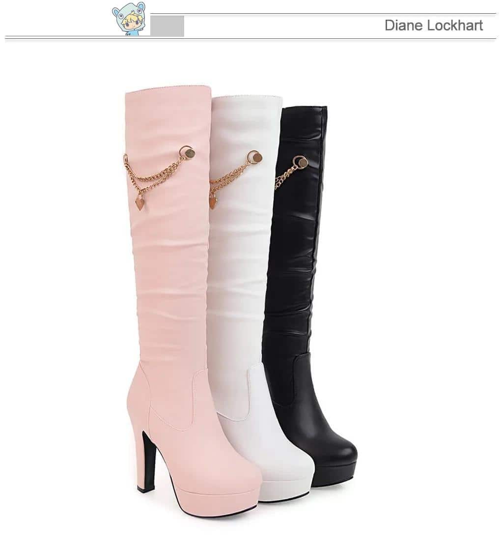 Herbst Winter Kniehohe Stiefel Schwarz Weiß Rosa Stiletto Absatz Platform Stiefeletten Chain Boots 14 1735716233