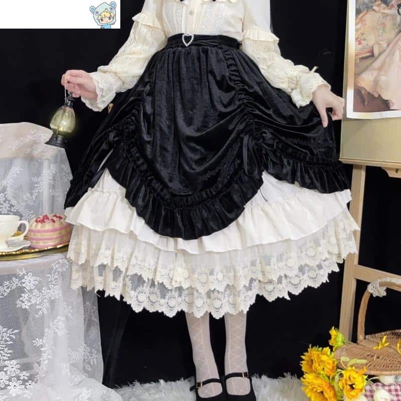 Vintage viktorianischer Lolita Samtrock mit eleganter Spitze - Abendrock - Midi-Rock für Herbst und Winter 14 1742663779