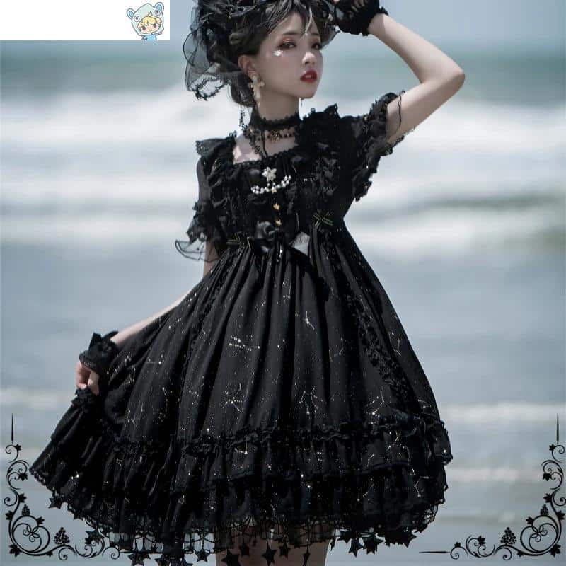 Viktorianisches Gothic Lolita Kleid mit Perlenkette und Schleife 21 1745159635
