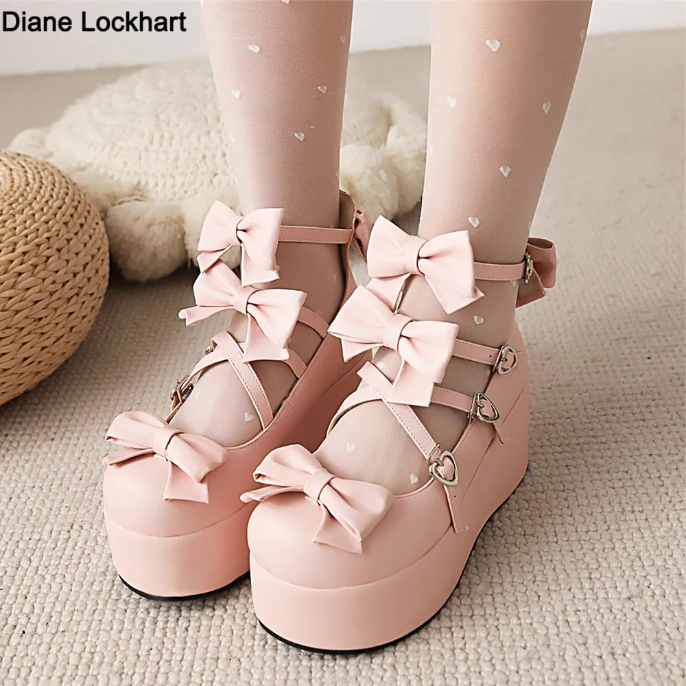 New Sweet Heart Buckle Wedges Mary Janes Women Pink Bow Cross Strap Chunky Platform Lolita Ladies Punk Gothic Cosplay Girls Shoe 1