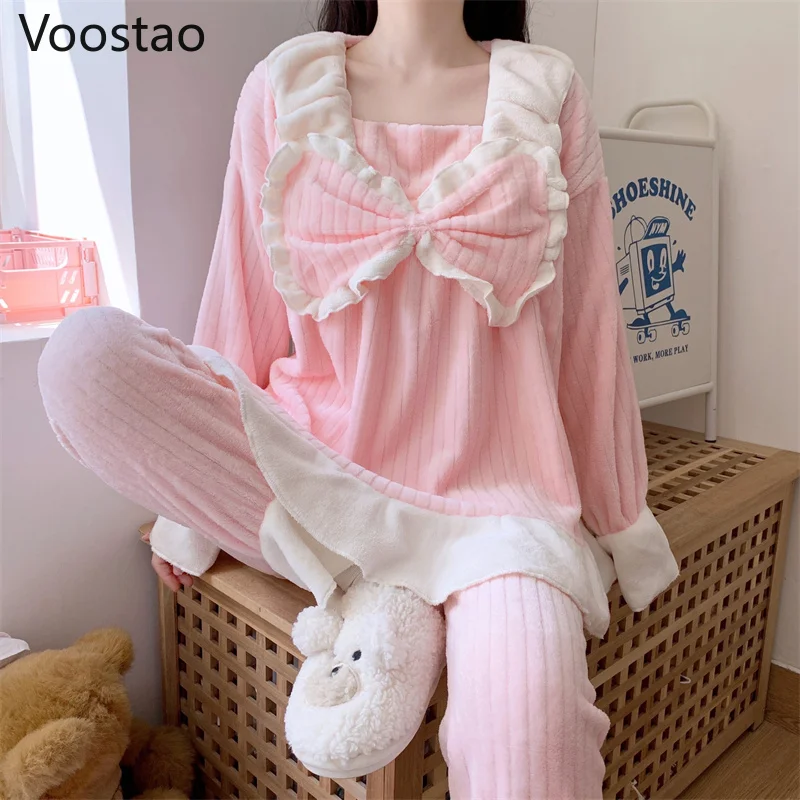 Autumn Winter Sweet Lolita Style Princess Coral Fleece Pajamas Sets Women Cute Bow Sleepwear Girly Kawaii Pink Home Wear Pyjamas 1