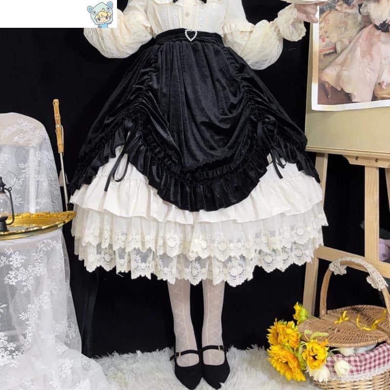 Vintage viktorianischer Lolita Samtrock mit eleganter Spitze - Abendrock - Midi-Rock für Herbst und Winter 15 1809559948
