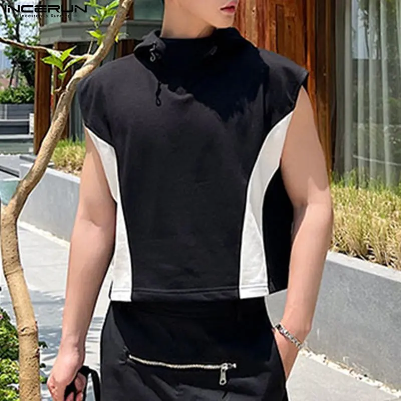 Fashion Men Tank Tops Patchwork Hooded Sleeveless Streetwear Male Vests Loose Korean 2023 Summer Casual Crop Tops S-5XL INCERUN 1