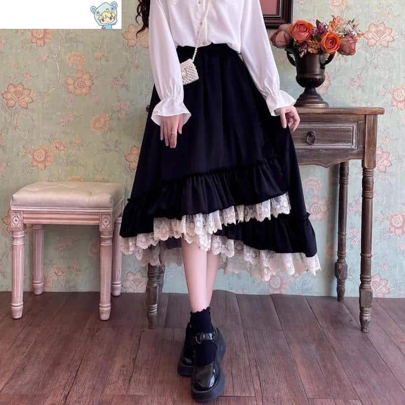 Eleganter Lolita Samtrock mit Spitze und Rüschen 18 1847823035