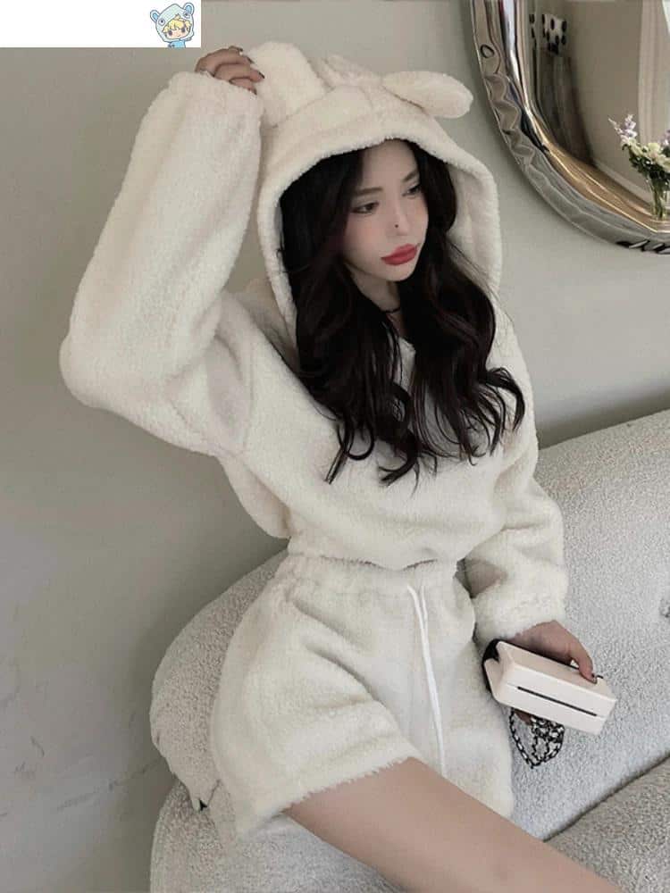 DaKawaii Plüsch Bäreohren Kapuzenpullover Shorts Set 3 1857798817