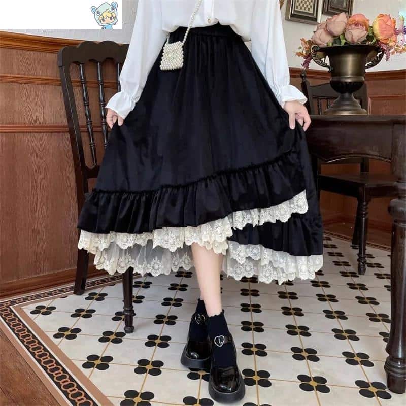 Eleganter Lolita Samtrock mit Spitze und Rüschen 15 1897138115