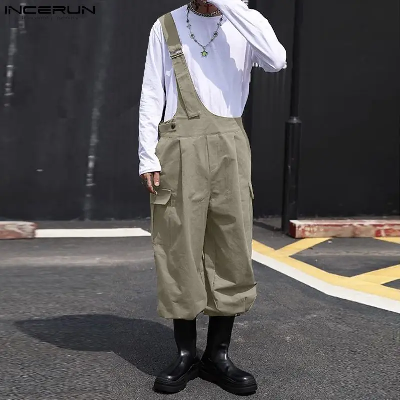 Men Jumpsuits Solid Color Loose Sleeveless One Shoulder Fashion Rompers Streetwear 2023 Casual Male Cargo Overalls Pants INCERUN 1