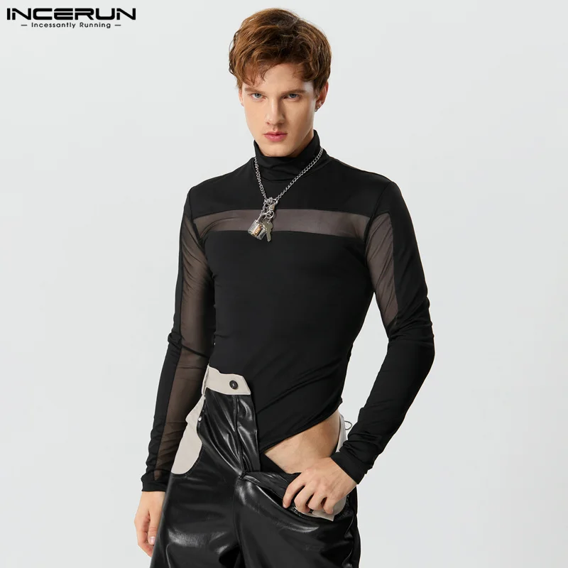 INCERUN 2023 Men Bodysuits Mesh Patchwork Turtleneck Streetwear Long Sleeve Rompers Men Transparent Sexy Fashion Bodysuit S-5XL 1