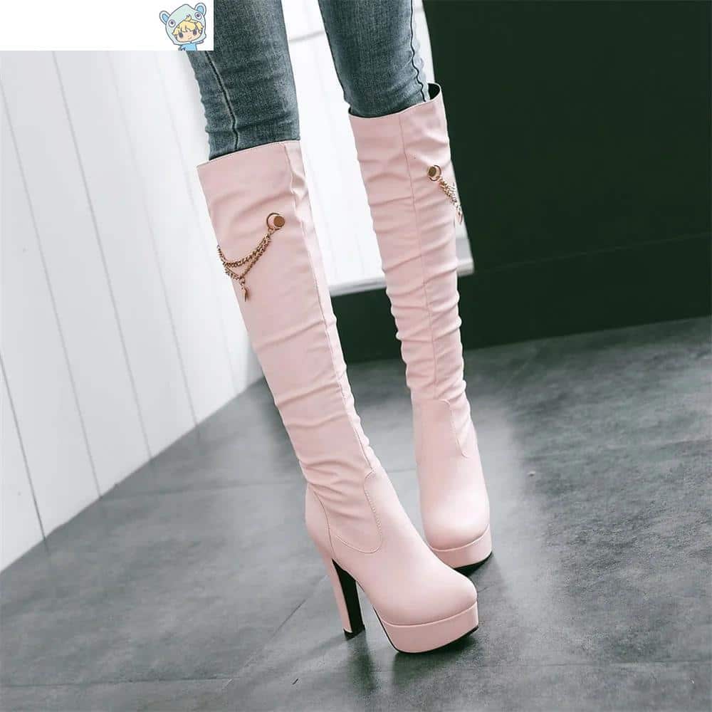 Herbst Winter Kniehohe Stiefel Schwarz Weiß Rosa Stiletto Absatz Platform Stiefeletten Chain Boots 22 1957681946