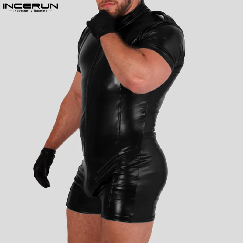 INCERUN Men Rompers Solid Color PU Leather Stand Collar Long Sleeve Bodysuits Men 2023 Zipper Skinny Sexy Casual Playsuits S-5XL 1