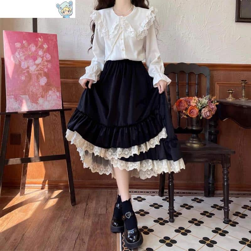 Eleganter Lolita Samtrock mit Spitze und Rüschen 19 1992543434