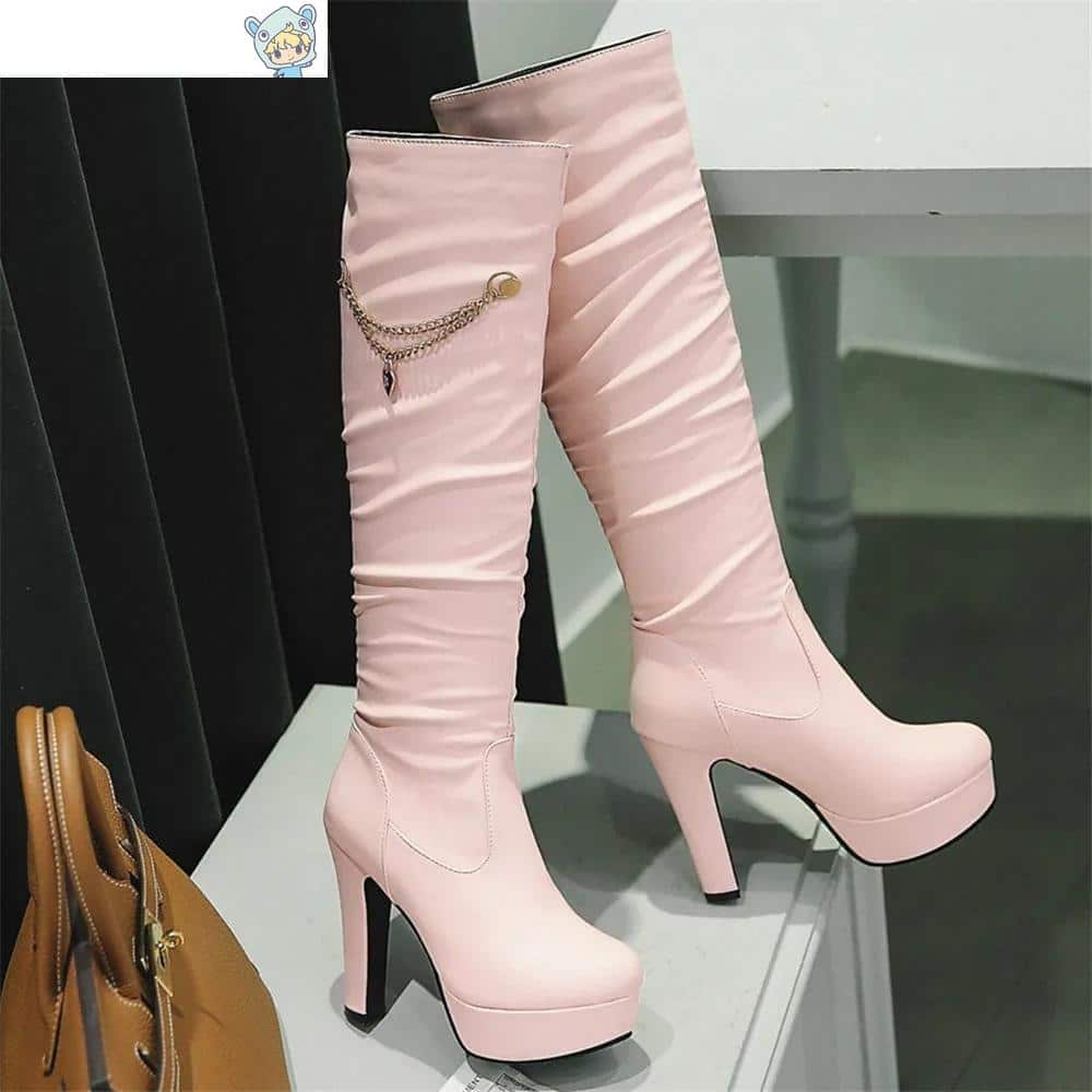 Herbst Winter Kniehohe Stiefel Schwarz Weiß Rosa Stiletto Absatz Platform Stiefeletten Chain Boots 4 2009527254