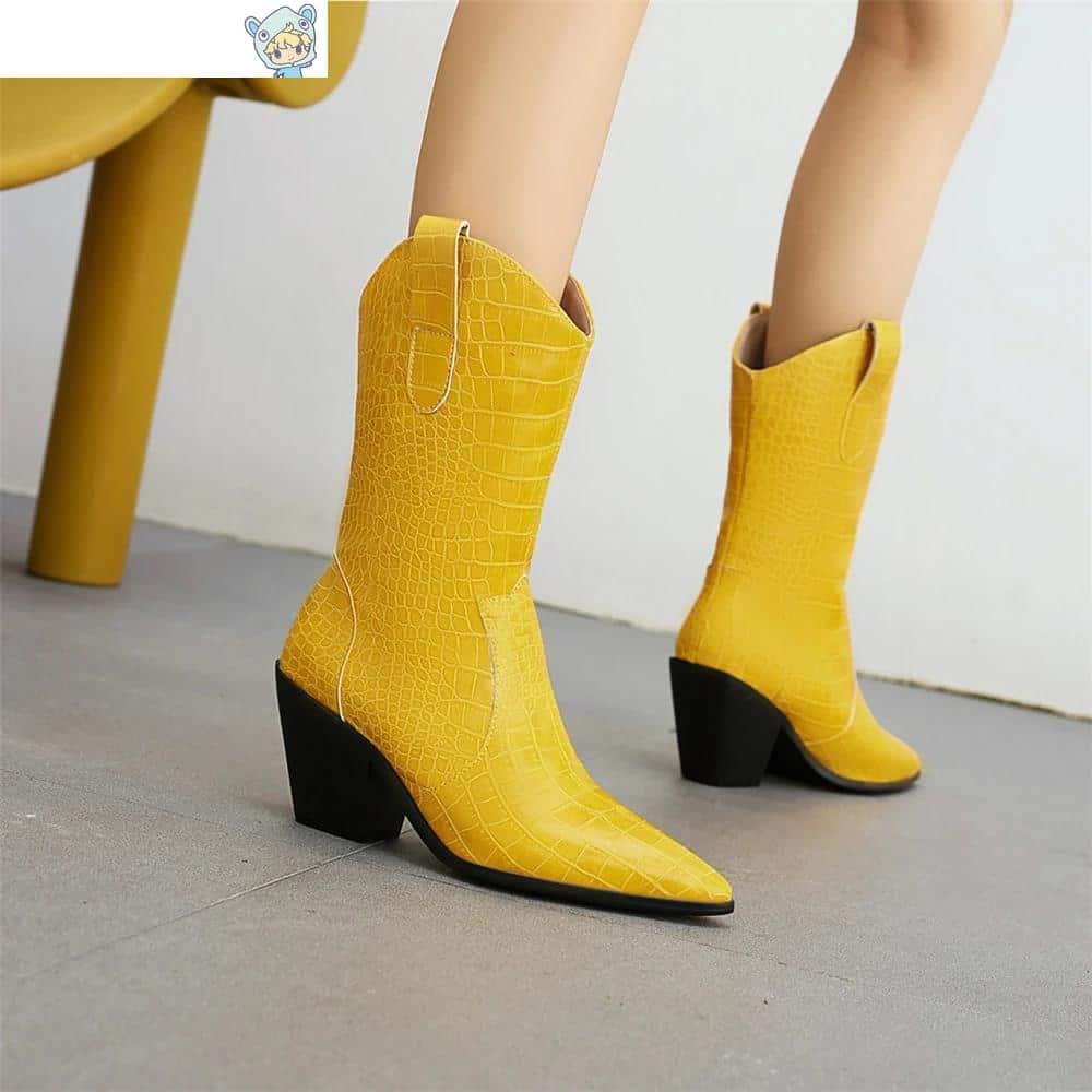 Cowboy Keilabsatz Ankle Boots mit Schlangenmuster in Gelb und Weiß 27 2062610044