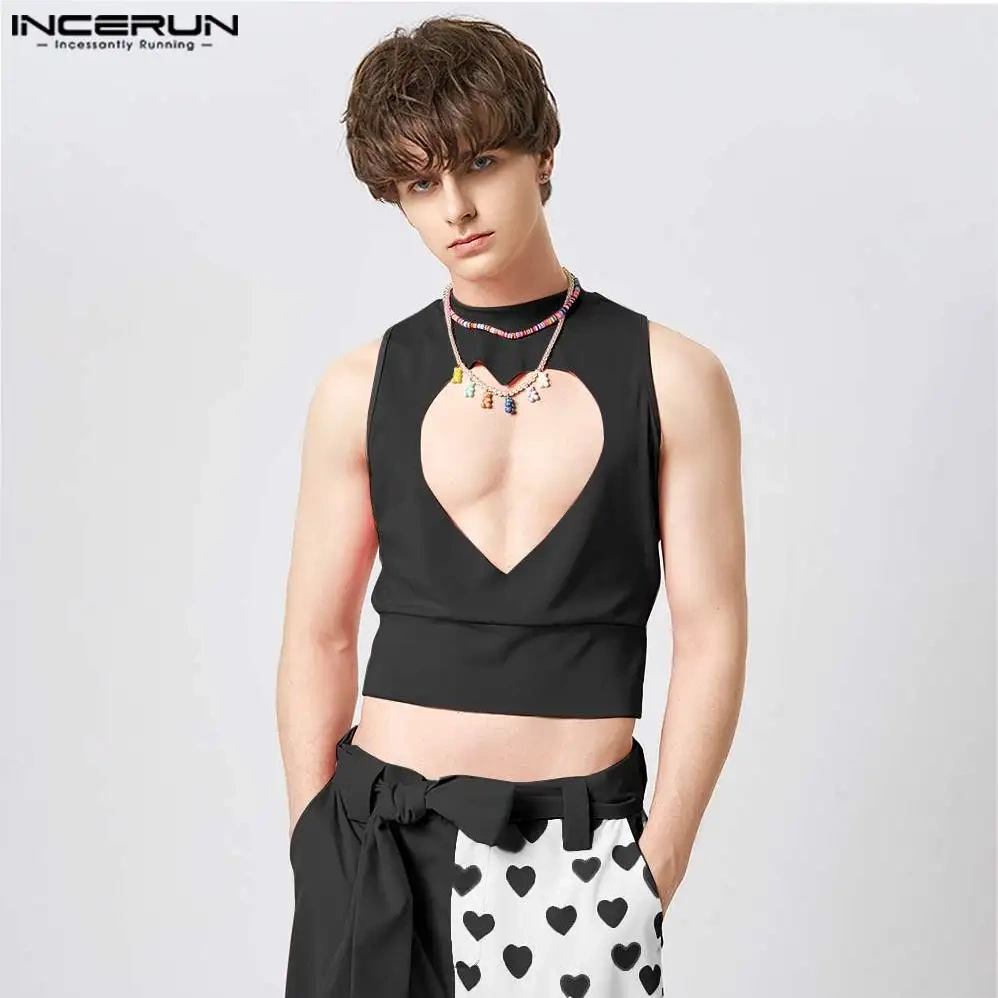 INCERUN 2023 Men Tank Tops Hollow Out O-neck Sleeveless Summer Sexy Vests Solid Color Streetwear Stylish Casual Crop Tops S-5XL 1