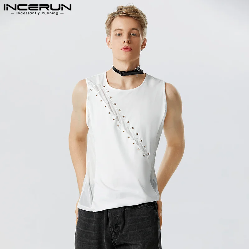 INCERUN Men Tank Tops Mesh Patchwork 2023 Lace Up O-neck Sleeveless Vests Streetwear Sexy Transparent Party Stylish Men Clothing 1