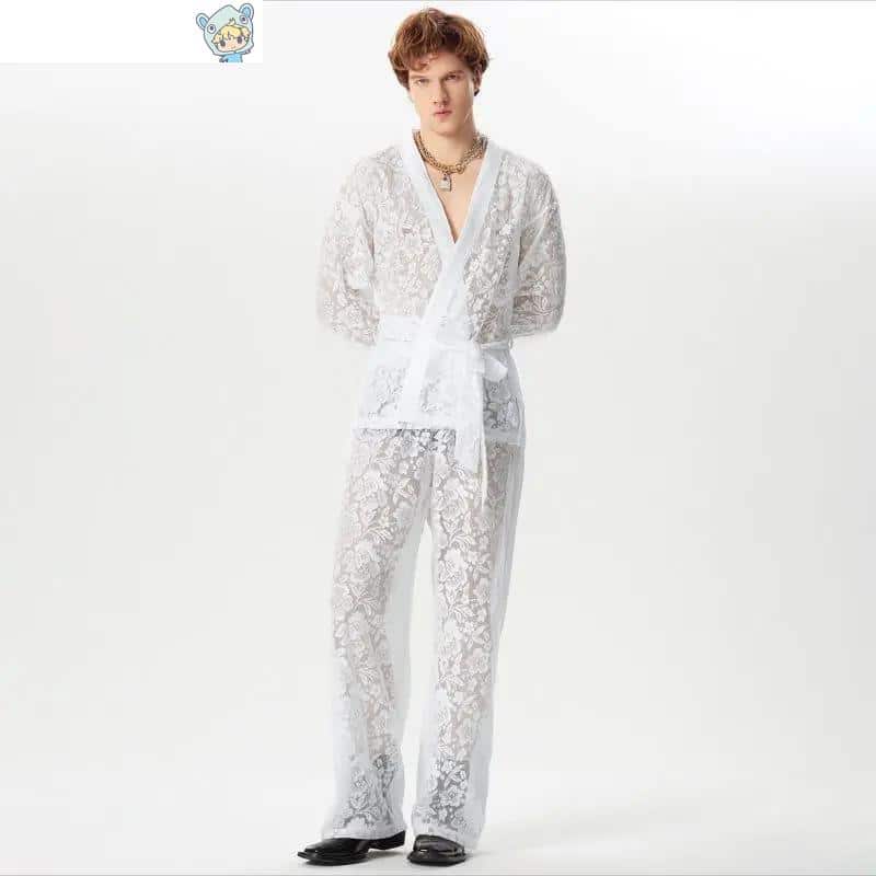 Transparentes Lace V-Ausschnitt Langarm Cardigan & Hose 2er Set - Männeranzug 18 2093800128