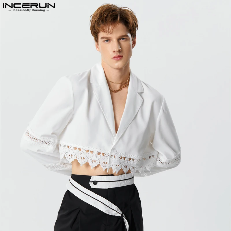INCERUN Men Blazer Lace Patchwork Lapel Long Sleeve Male Suits Autumn One Button Streetwear 2023 Fashion Casual Crop Coats S-5XL 1