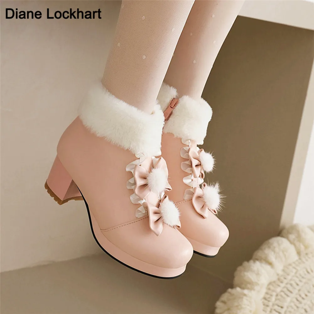 Lolita Girls Winter Boots Pink Women Fur Bowtie Butterfly-Knot Lovely Ladies Ankle Boots Japanese Cosplay Party Wedding Shoes 1